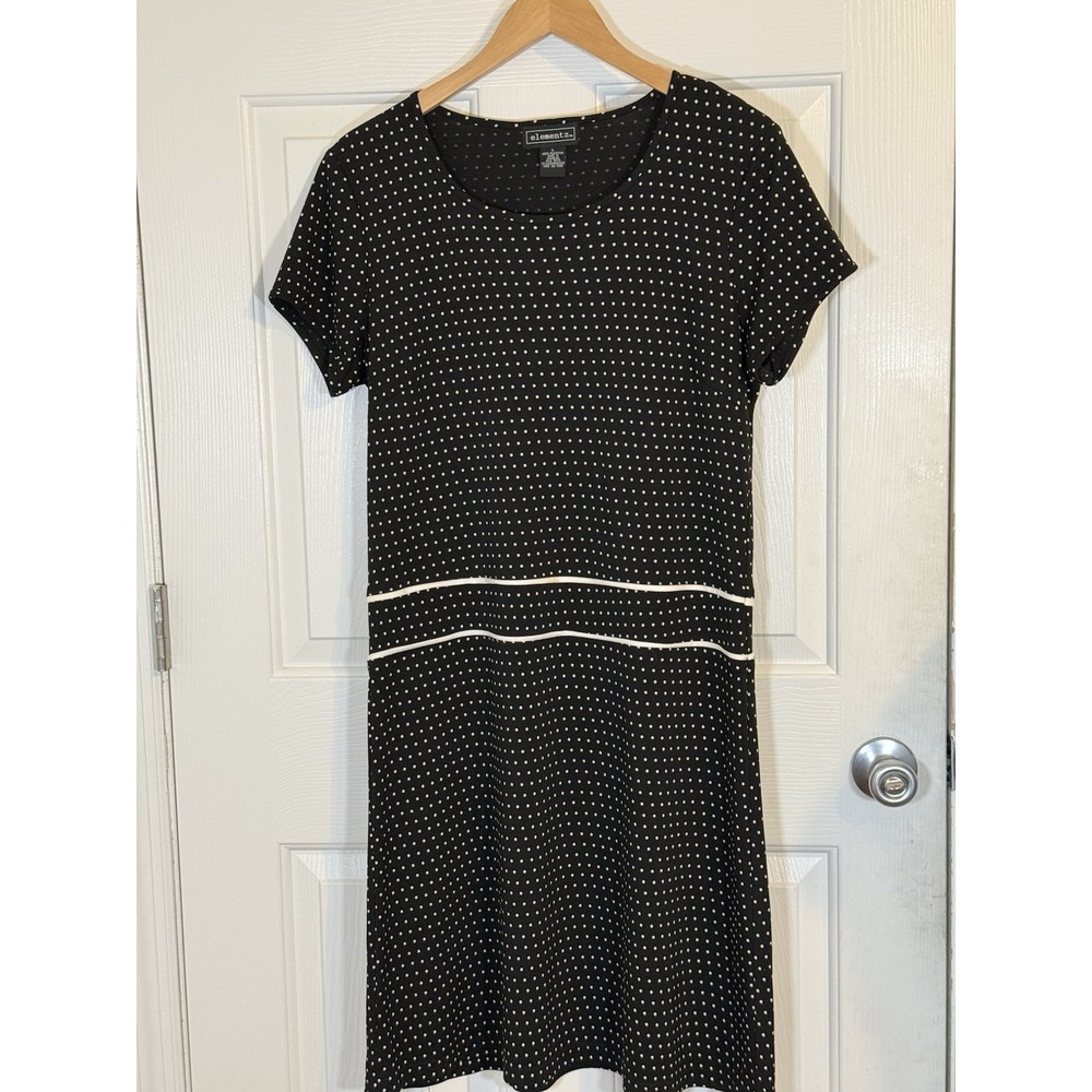 Elementz Black/White Polka Dot Knit Sheath Knee Dress Cap Sleeve Size L Classic